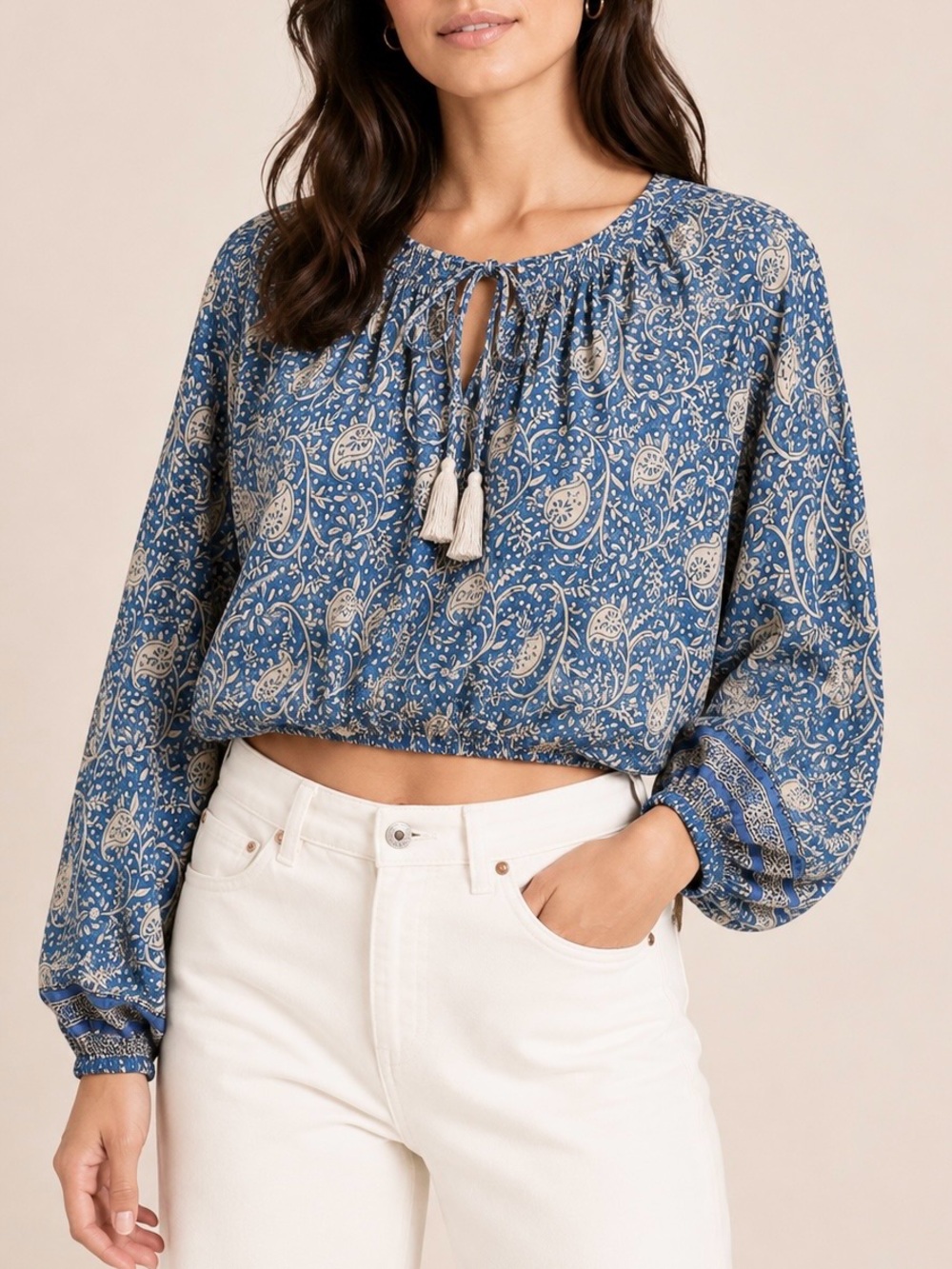 Natalie Martin Amelia Top Blue Paisley Floral Size S Balloon Sleeve Cropped